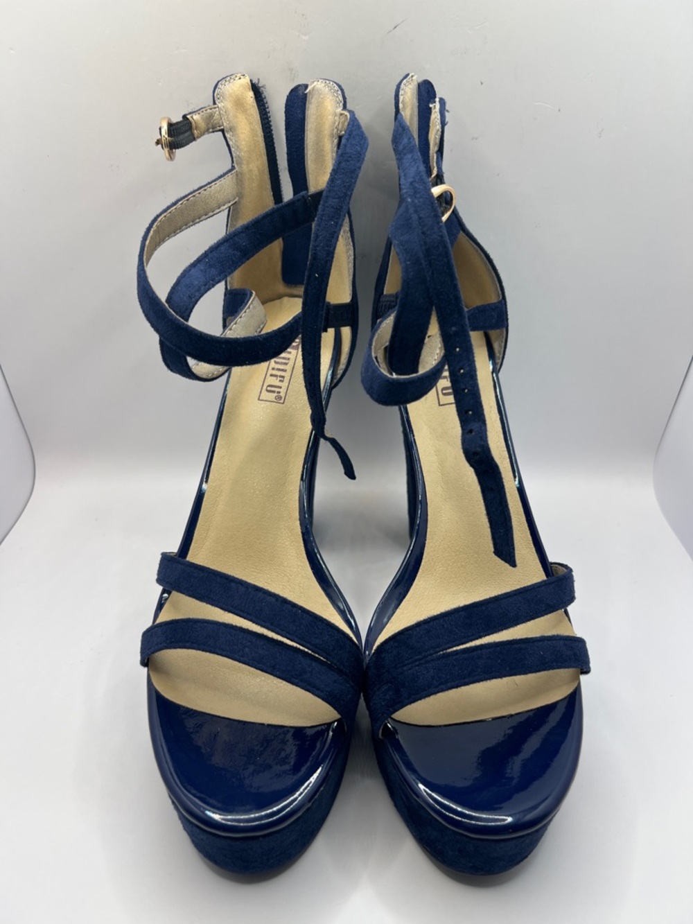 IDIFU Navy Suede Strappy Platform Heels